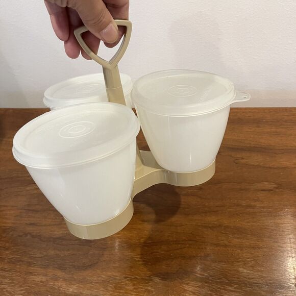 Vintage Tupperware 3 Containers Condiment Picnic Caddy Set Beige / White - Picture 3 of 9